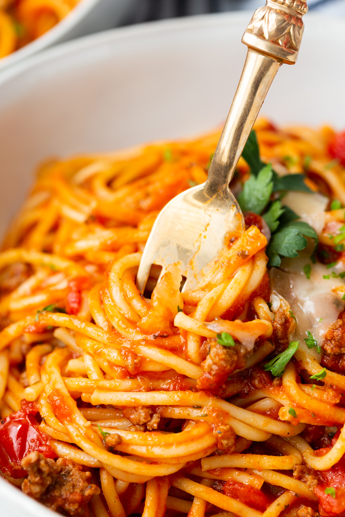 instant pot spaghetti in a bowl with a fork.