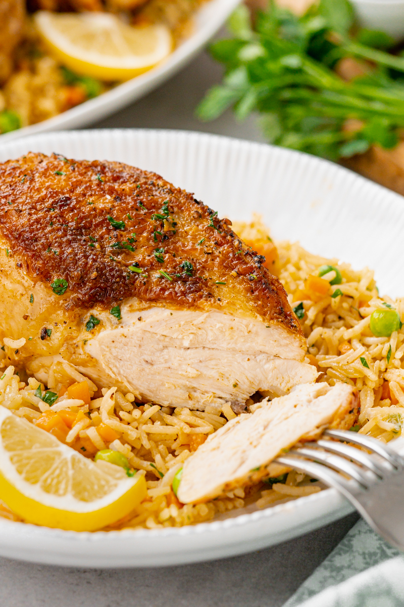 instant pot chicken and rice in white dish with fork