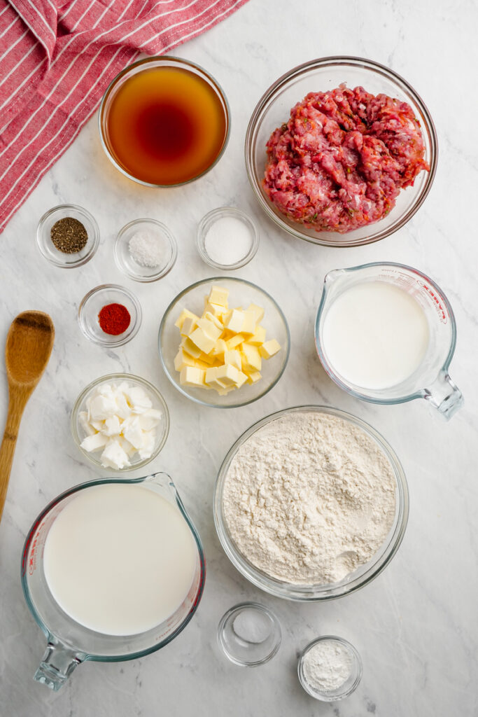 All the ingredients needed to make biscuits and gravy