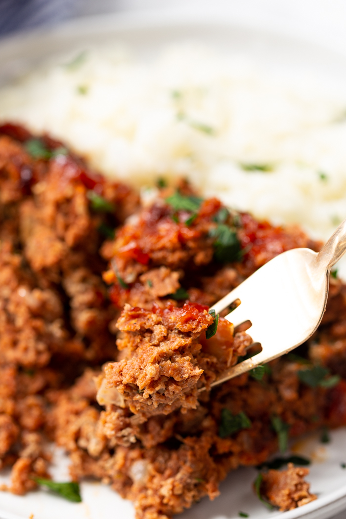 Delicious keto meatloaf served with cauliflower mash instead of potatoes for a keto friendly dinner