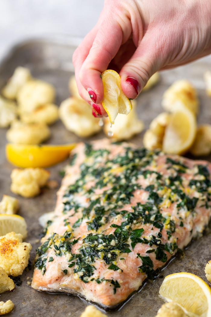 Sheet pan baked salmon, a lemon parsley garlic salmon