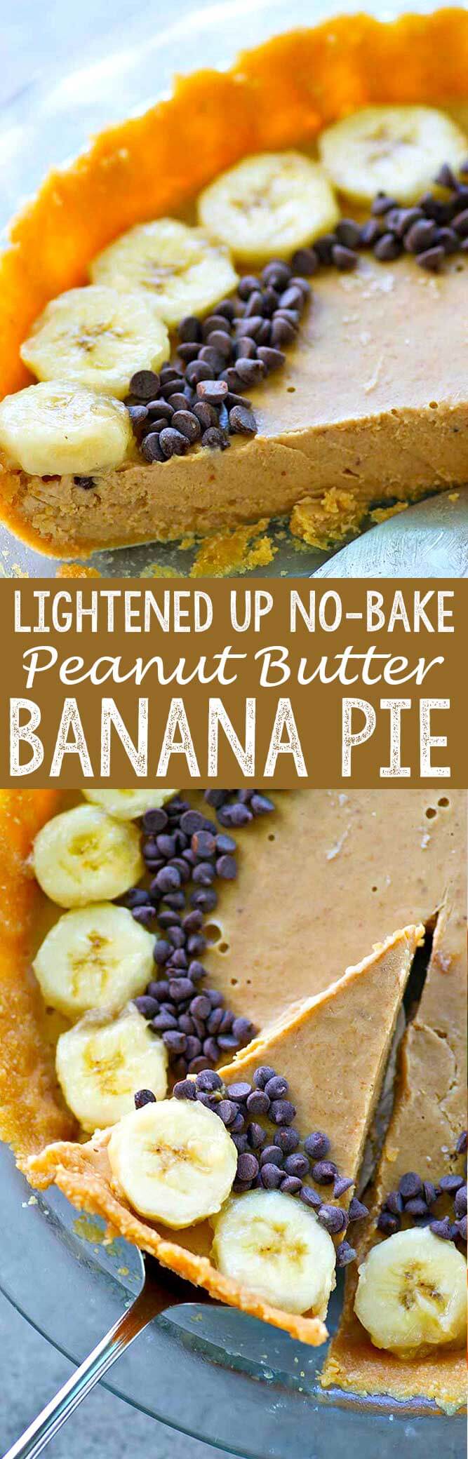 Lighter no bake peanut butter banana pie is a quick, easy, delicious dessert option!