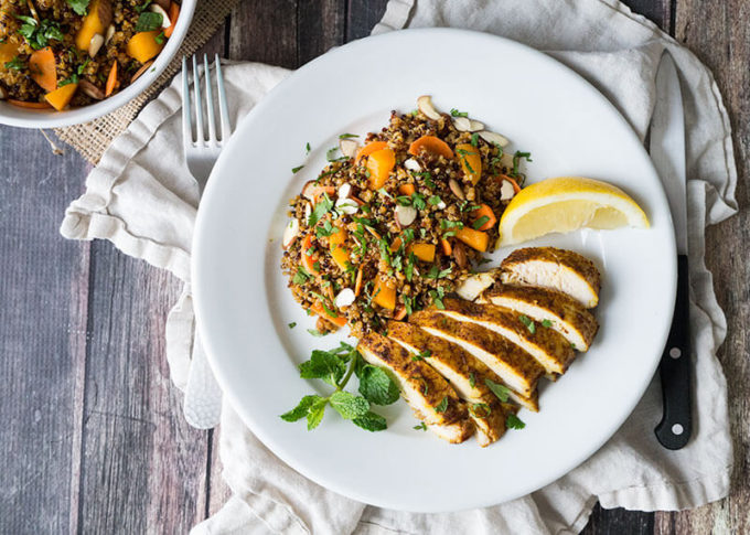 This Morrocan Baked Chicken Breast and Quinoa Salad dinner is the perfect marriage of exotic flavors and easy prep.