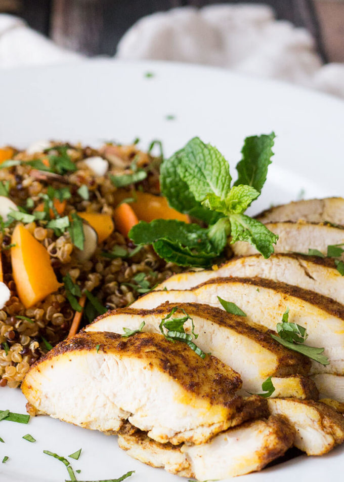 This Morrocan Baked Chicken Breast and Quinoa Salad dinner is the perfect marriage of exotic flavors and easy prep.