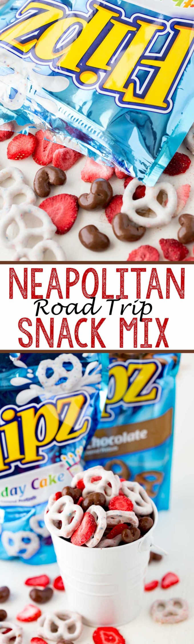 A Neapolitan Snack Mix of vanilla, strawberry, and chocolate, turned into a fantastic road trip snack using FLIPZ pretzels, freeze dried strawberries, and chocolate covered cashews. 