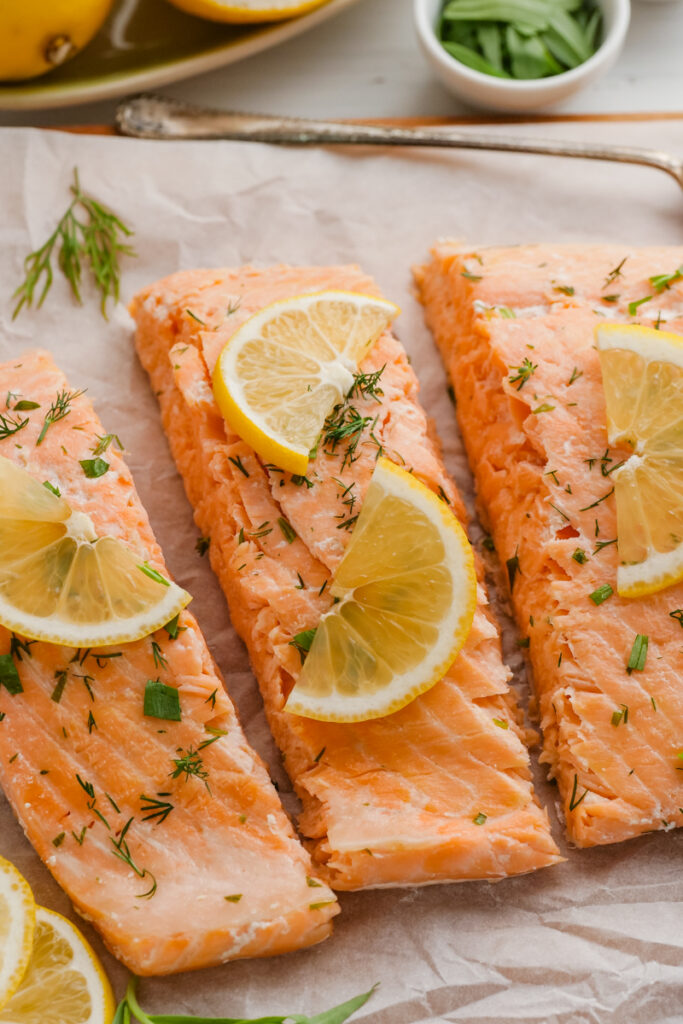 Oven poached salmon with lemon and dill