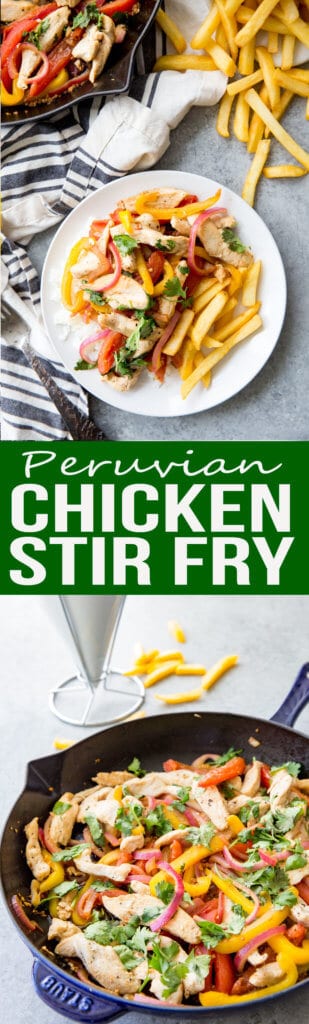 Peruvian Chicken Stir Fry or Pollo Saltado, a stir fry fusion served with fries