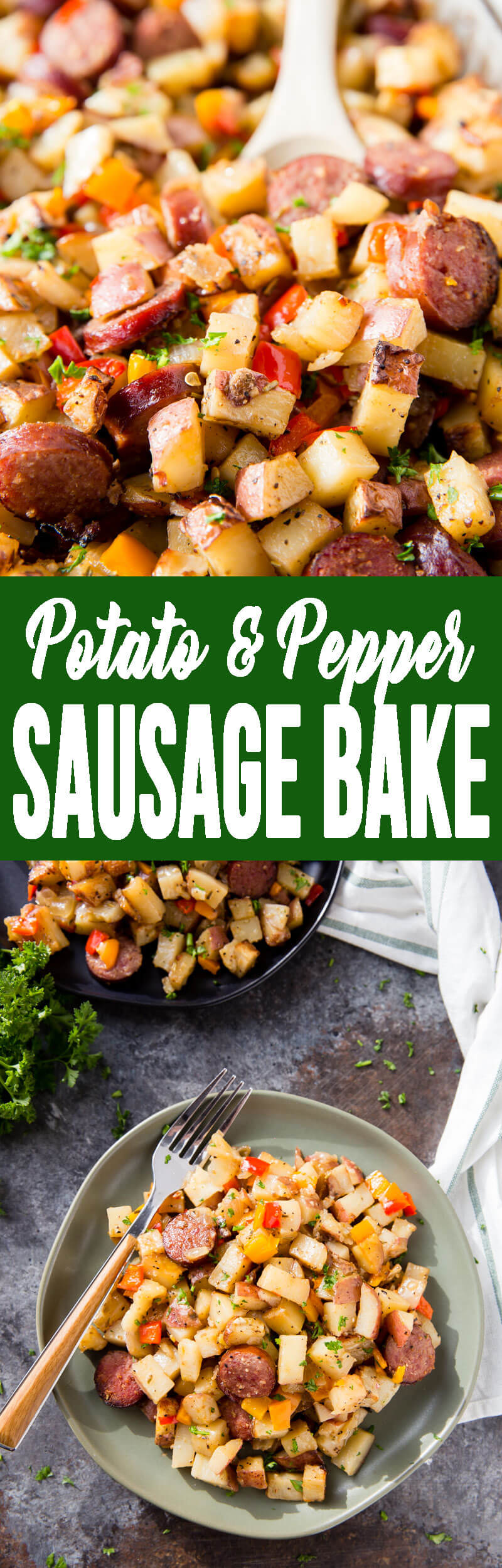 Sausage Bake: A hearty and filling side dish, full meal, breakfast hash, with plenty of flavor. This Potato, Pepper, and Sausage Bake is perfect for grilling season too! 