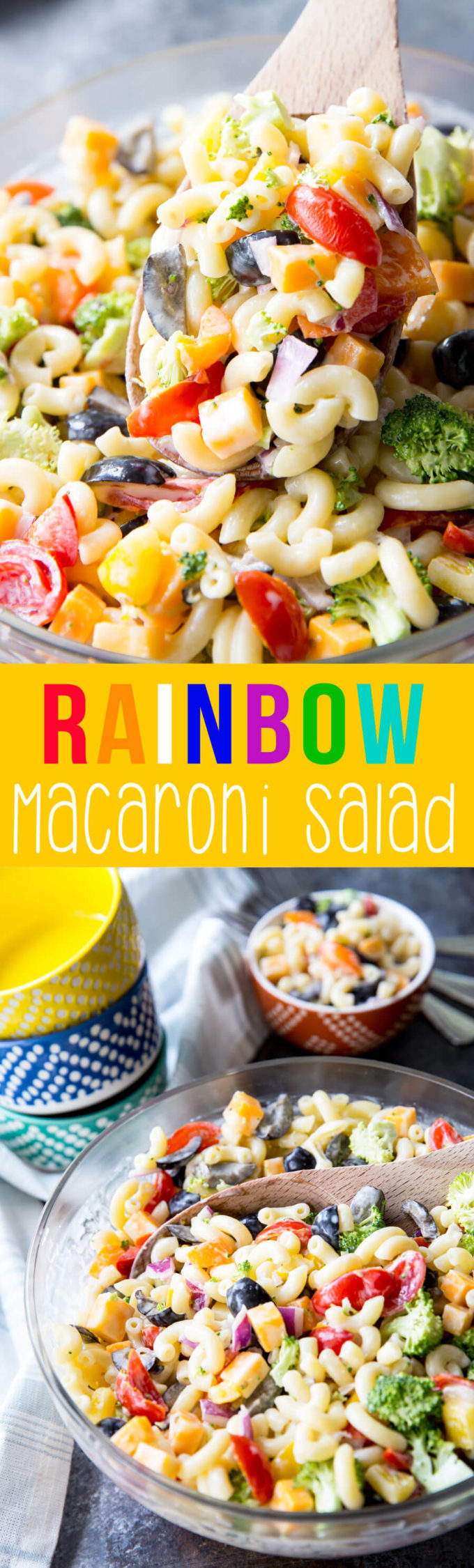 Rainbow Macaroni Salad: This pasta salad offers crunchy veggies, chunks of cheese, olives, and is dressed in a light, slightly tangy, slightly sweet dressing. The perfect summer side salad. 