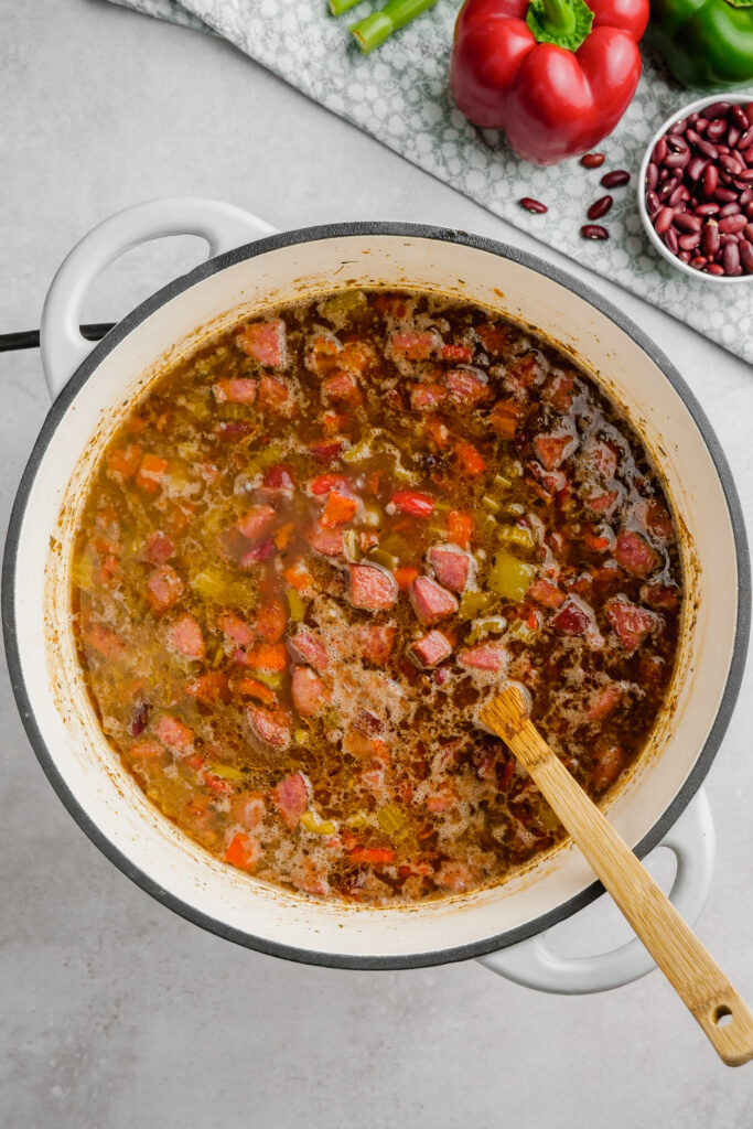 Everything added in and being cooked and stirred in pot.