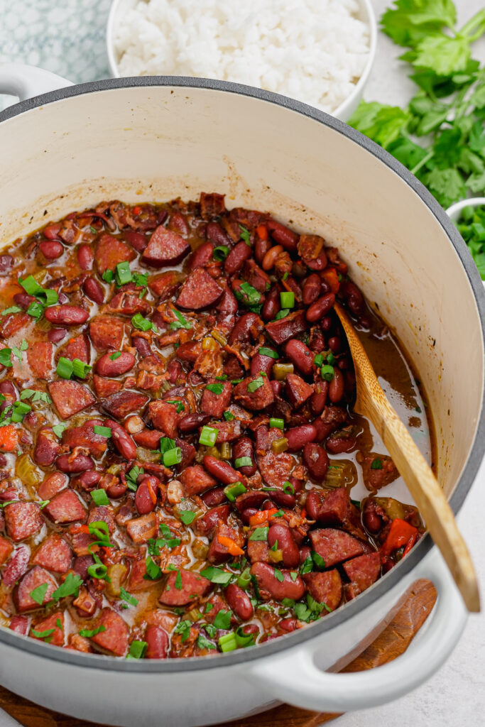 A pot of red beans and rice after it has simmered for several hours