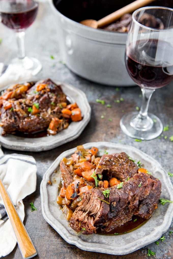 Red wine braised beef recipe, an easy meal cooked in a dutch oven. Easy, flavorful, and delicious. 
