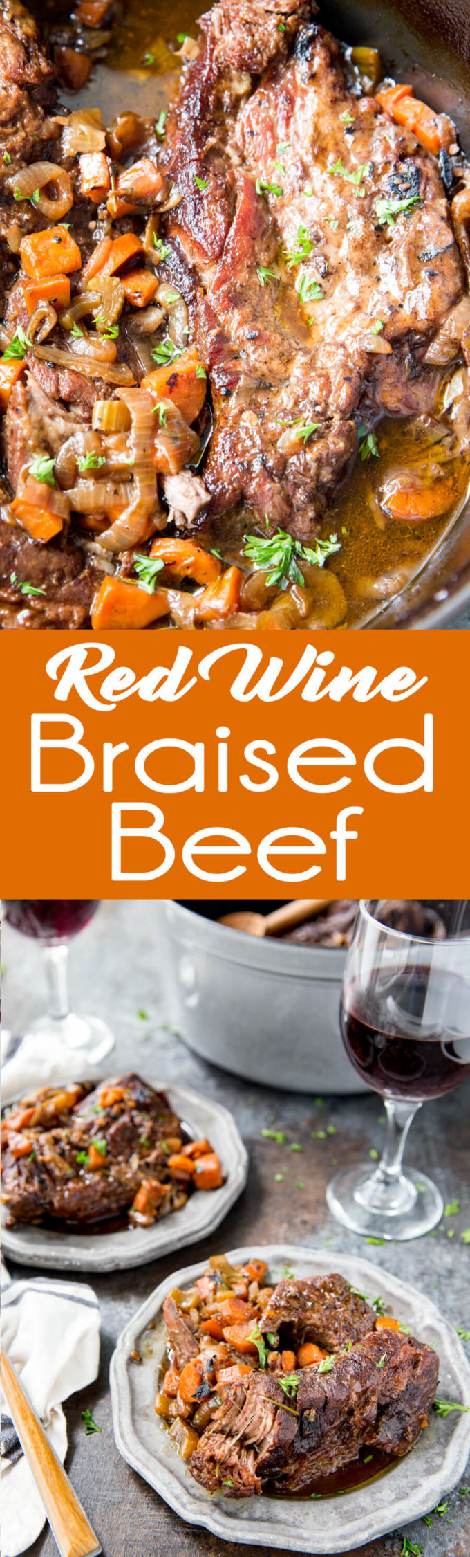 Red wine braised beef, an easy meal cooked in a dutch oven. Easy, flavorful, and delicious. 