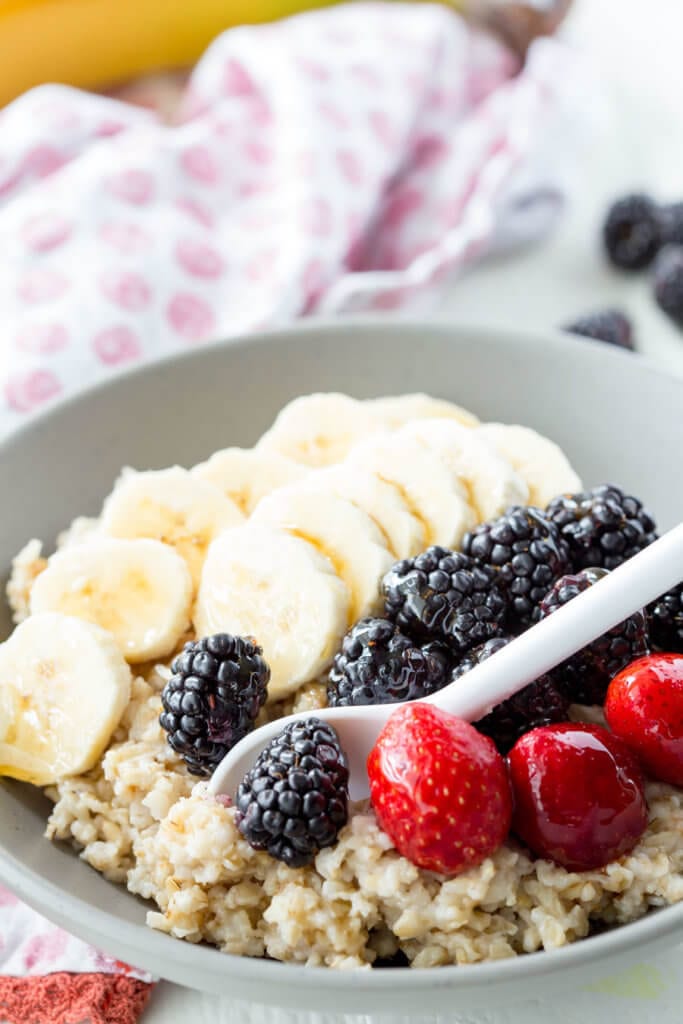 Banana Berry Steel Cut oats cooked in a slow cooker
