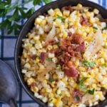 Roasted corn with bacon and caramelized onions are the best of simple flavors with a big impact. It's sure to be a side dish that even the corn reluctant eaters will enjoy!