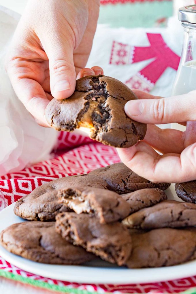 Carmel Stuffed Chocolate Cookies make a great Santa cookie. They are tasty, fun, and help make the holidays bright. You will be anxious to sink your teeth into these chocolatey cookies with a carmel surprise. 