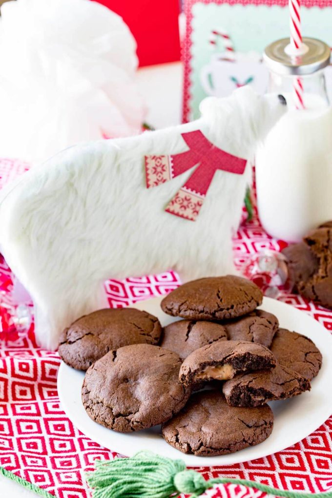 Caramel stuffed cookies make a great Santa cookie. They are tasty, fun, and help make the holidays bright. You will be anxious to sink your teeth into these chocolatey cookies with a carmel surprise. 