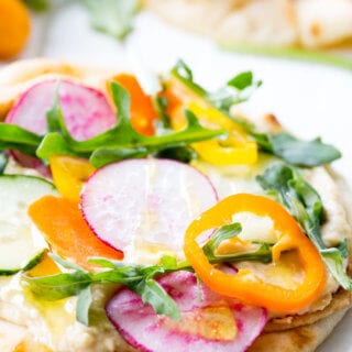 Vegetable Hummus Flatbread is loaded with fresh veggies and hummus