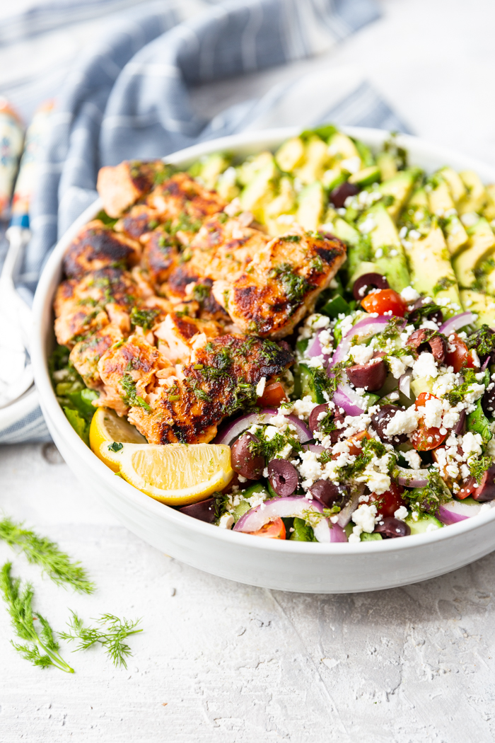 Salmon avocado salad with a dill dressing that is delicious