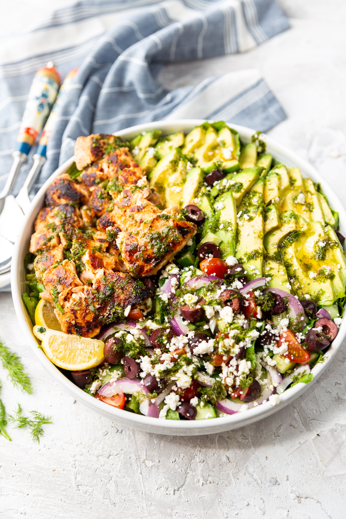 Salmon avocado salad, packed with flavor and perfect for serving a crowd. Low carb and keto diet friendly too!