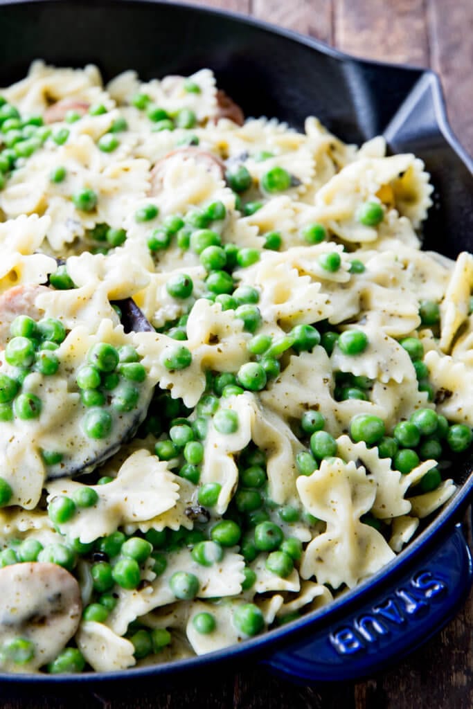 Skillet Pasta with Chicken Sausage Peas Alfredo and Pesto