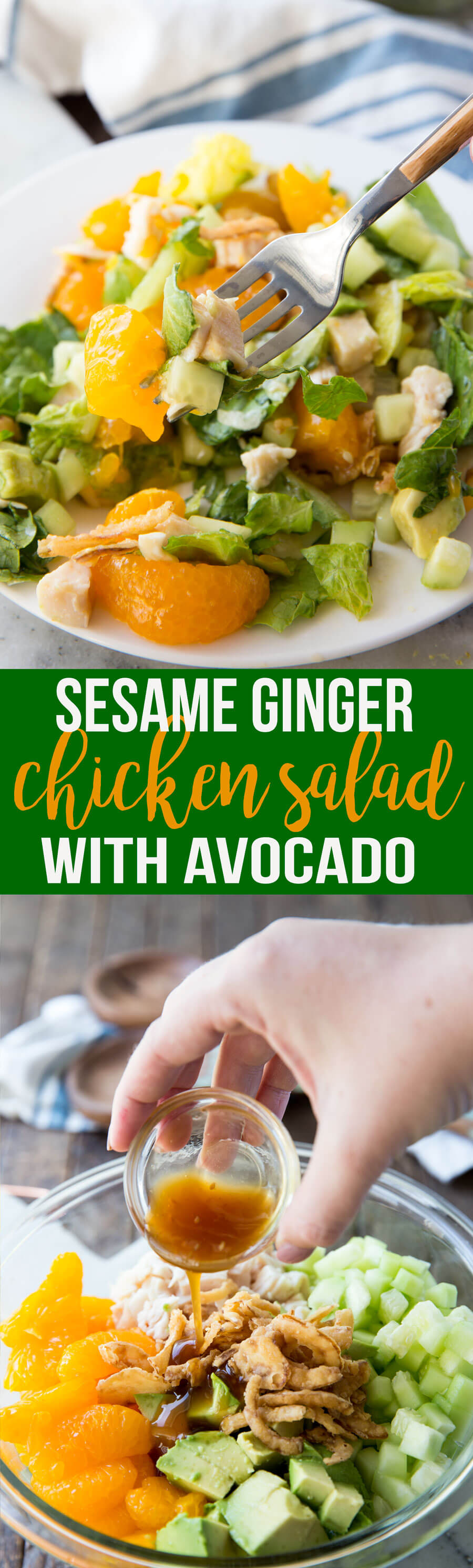 I can't believe how much I love this seasme ginger chicken salad with Avocado! Great flavor, filling, and full of good stuff. 