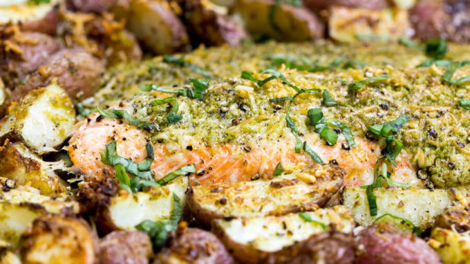 Roasted steelhead and potatoes with parmesan and pesto