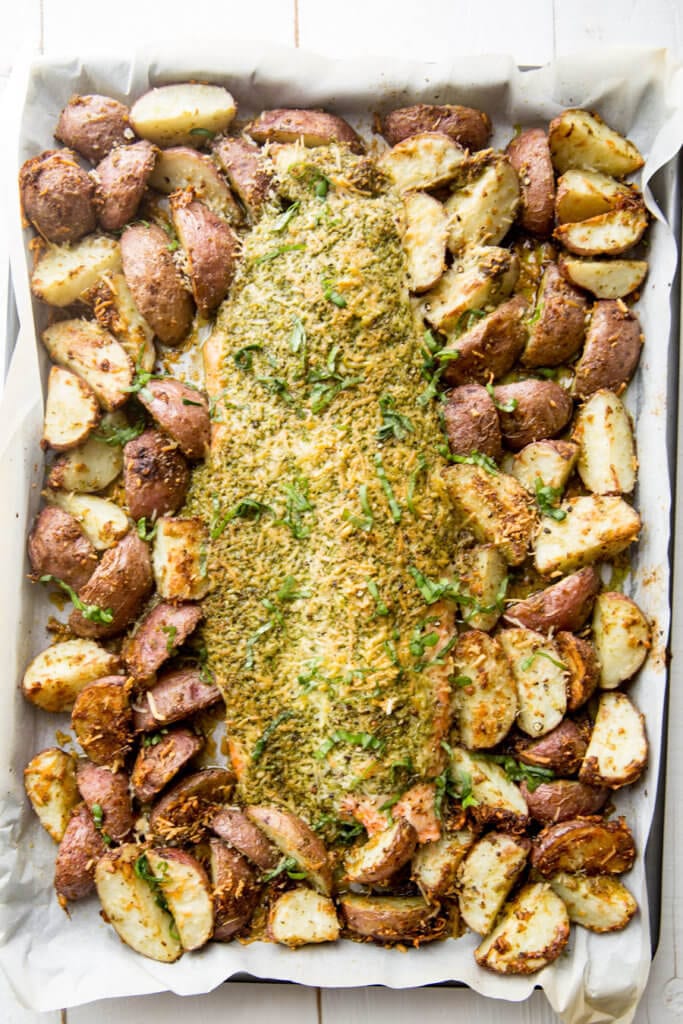 Sheet pan steel head with roasted potatoes