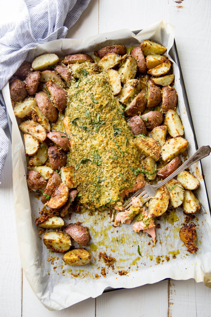 Sheet pan pesto parmesan steelhead with roasted potatoes