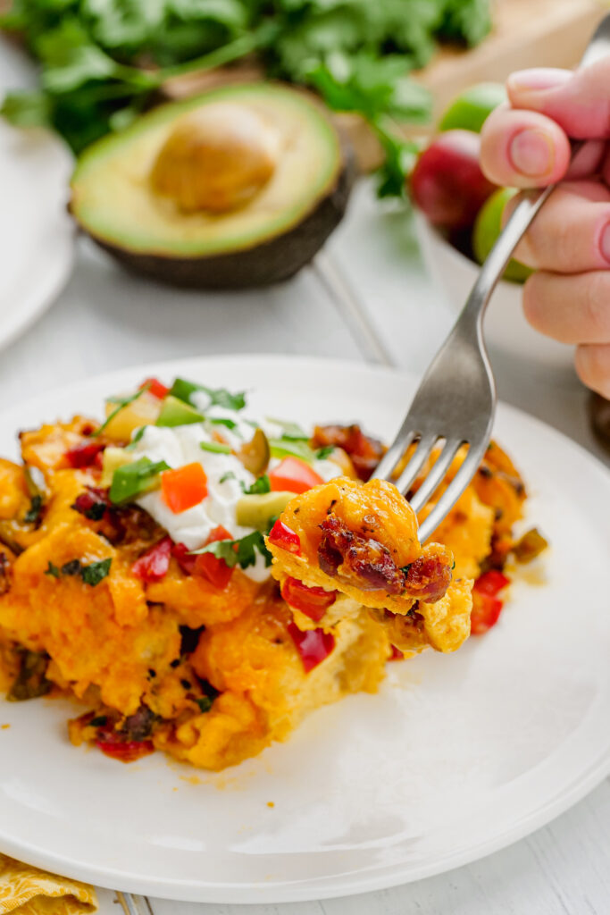 A delicious vegetable and chorizo breakfast strata made in the slow cooker for an easy meal