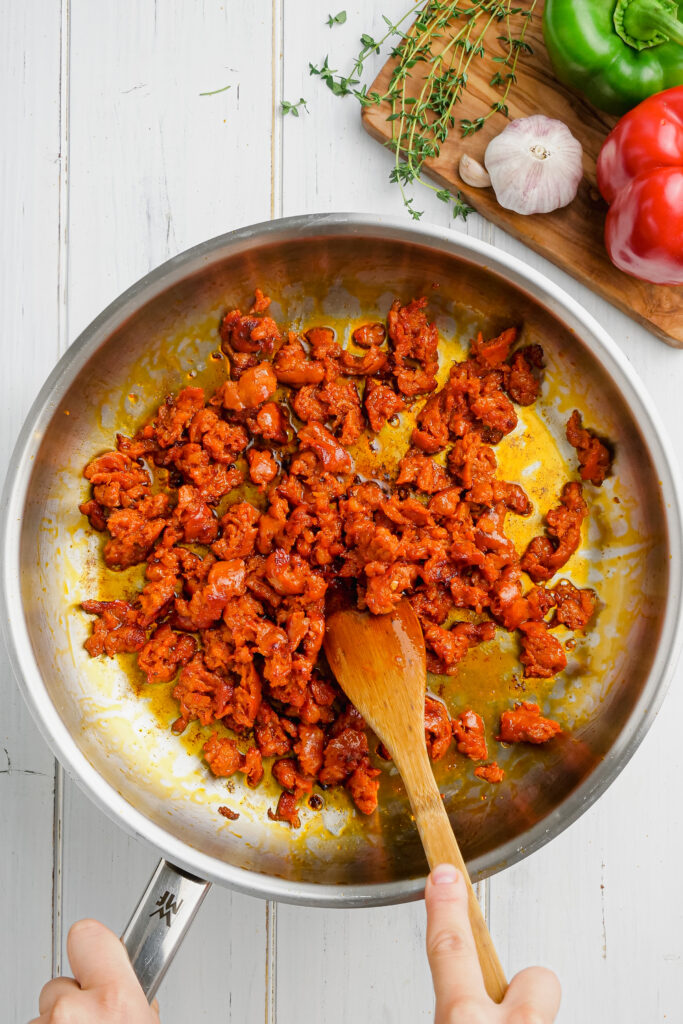 Browning chorizo for a breakfast strata