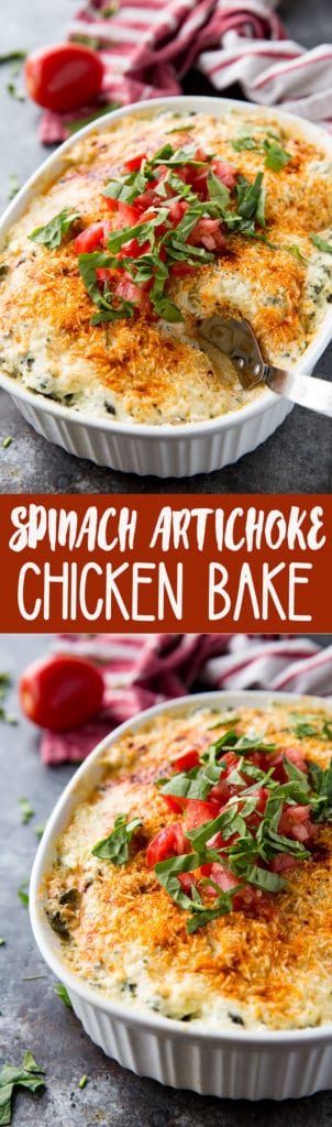 Easy Spinach Artichoke Chicken Bake, a creamy, flavorful chicken dish that will please a crowd. 
