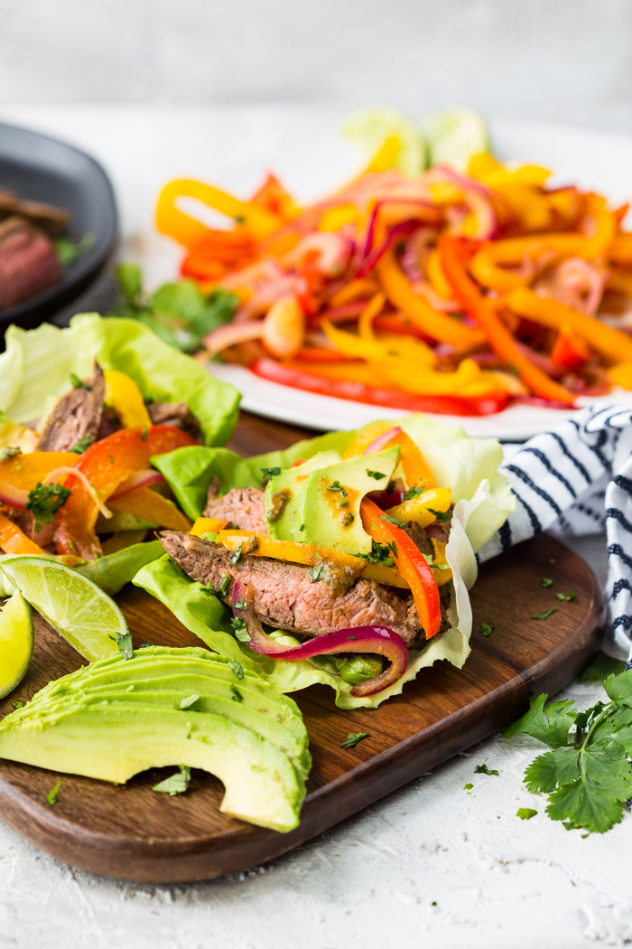 far out pic of steak fajita lettuce wraps