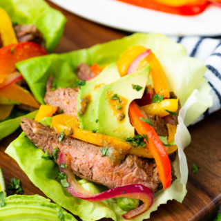 close up image of steak fajita lettuce wraps