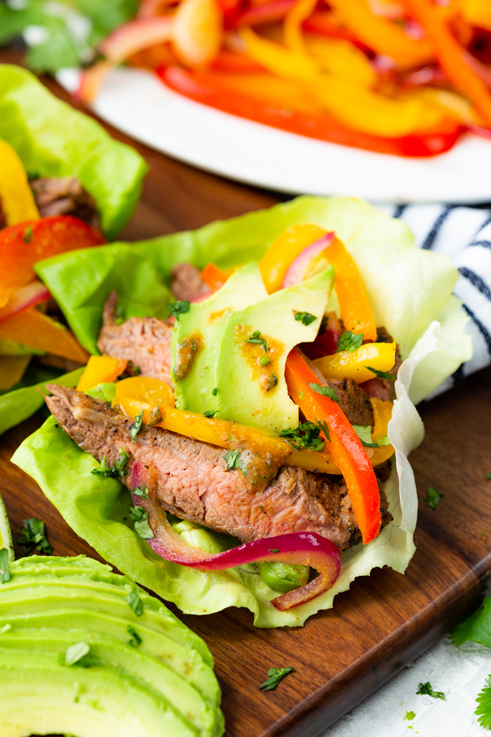 close up image of steak fajita lettuce wraps