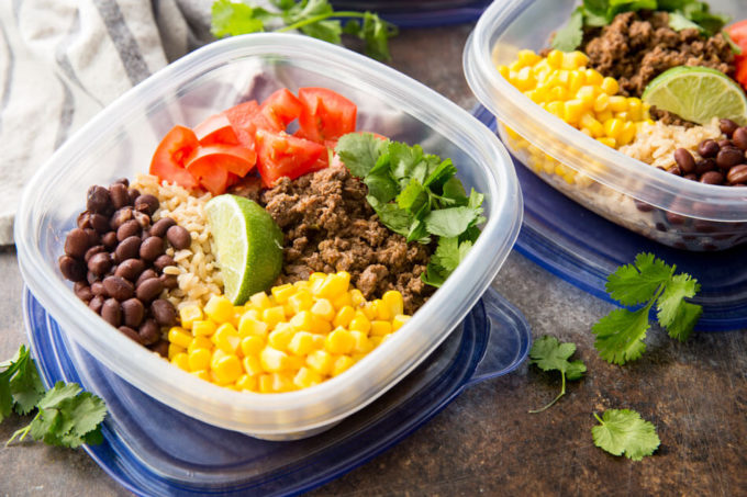 Easy taco bowls with beef salsa verde, easy meal prep solution