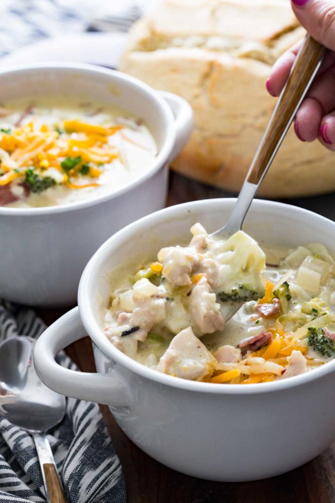 Creamy cheddar wild rice, chicken broccoli, and bacon soup