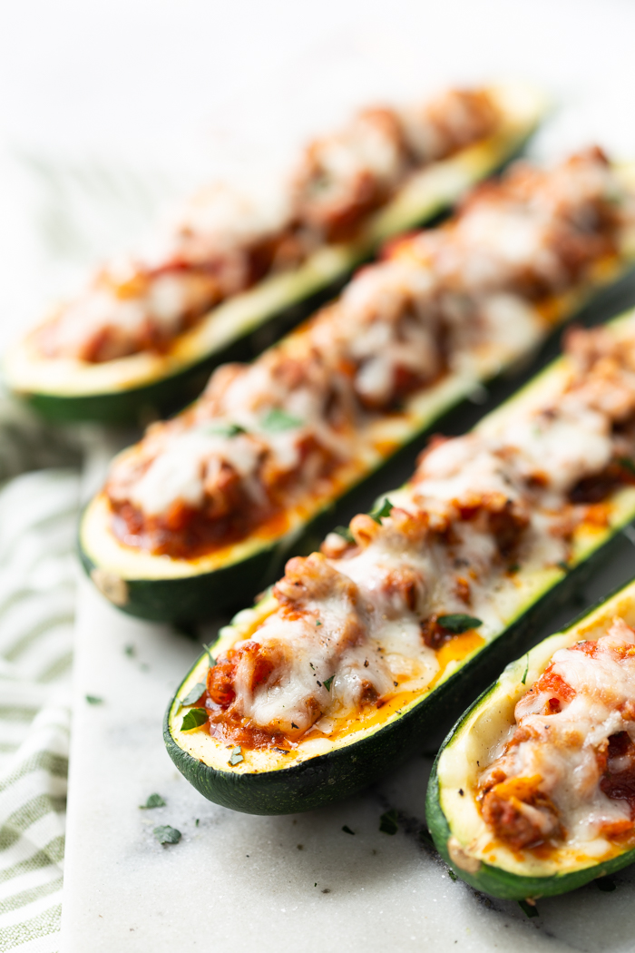 Zucchini boats stuffed with beef and tomato sauce. 