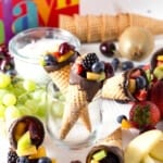 Chocolate dipped fruit cones for a birthday party