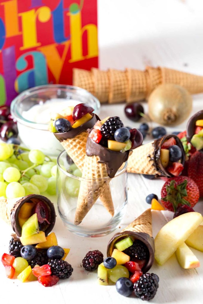 Chocolate dipped fruit cones for a birthday party