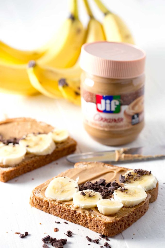 JIF cinnamon spread on toast with bananas and chocolate