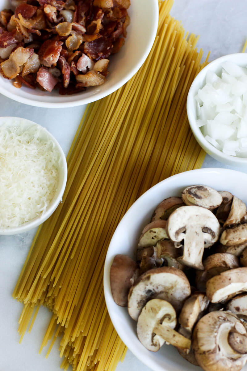 This creamy Mushroom, Bacon, and Parmesan Spaghetti is so easy and flavorful!