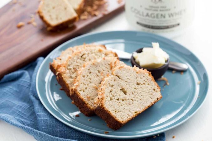 Protein rich breakfast, Slices of coconut vanilla banana bread, easy banana bread 