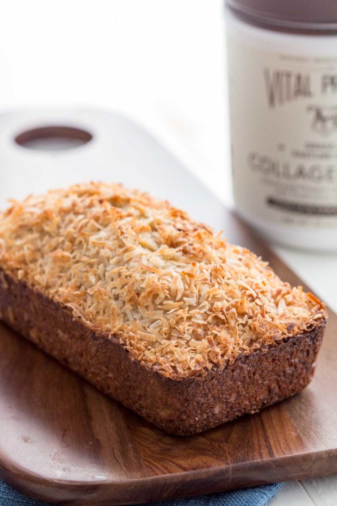 A loaf of coconut vanilla banana bread, an easy banana bread recipe, protein banana bread 