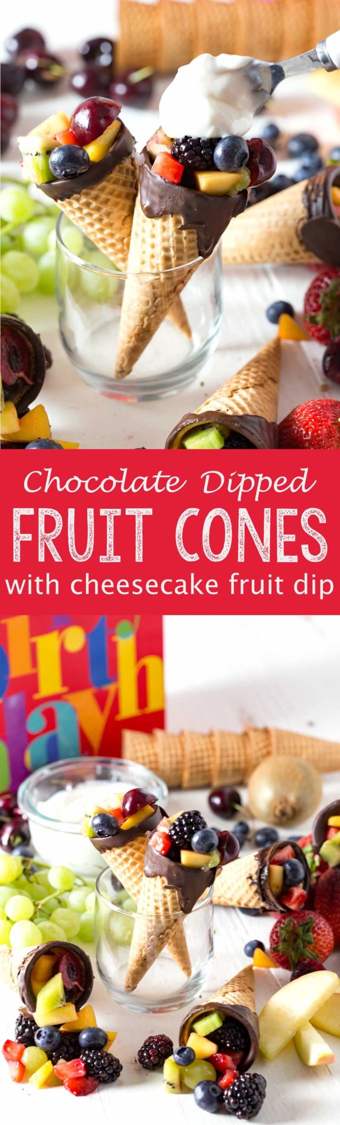 Chocolate dipped fruit cones with a cheesecake fruit dip that is light, fluffy, and delicious