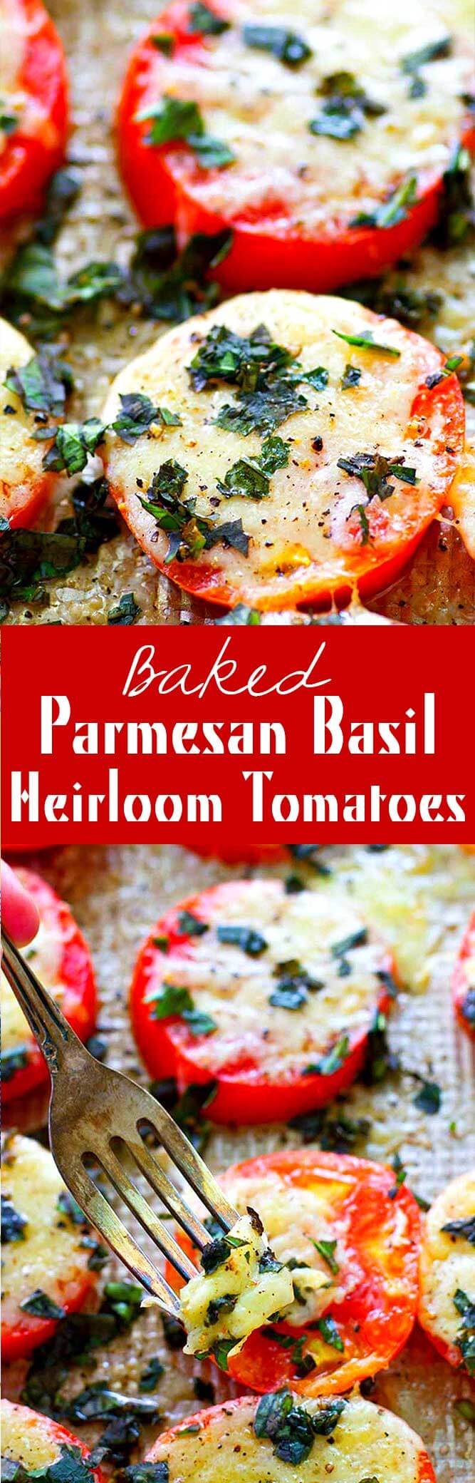 Basked Parmesan Basil Heirloom Tomatoes