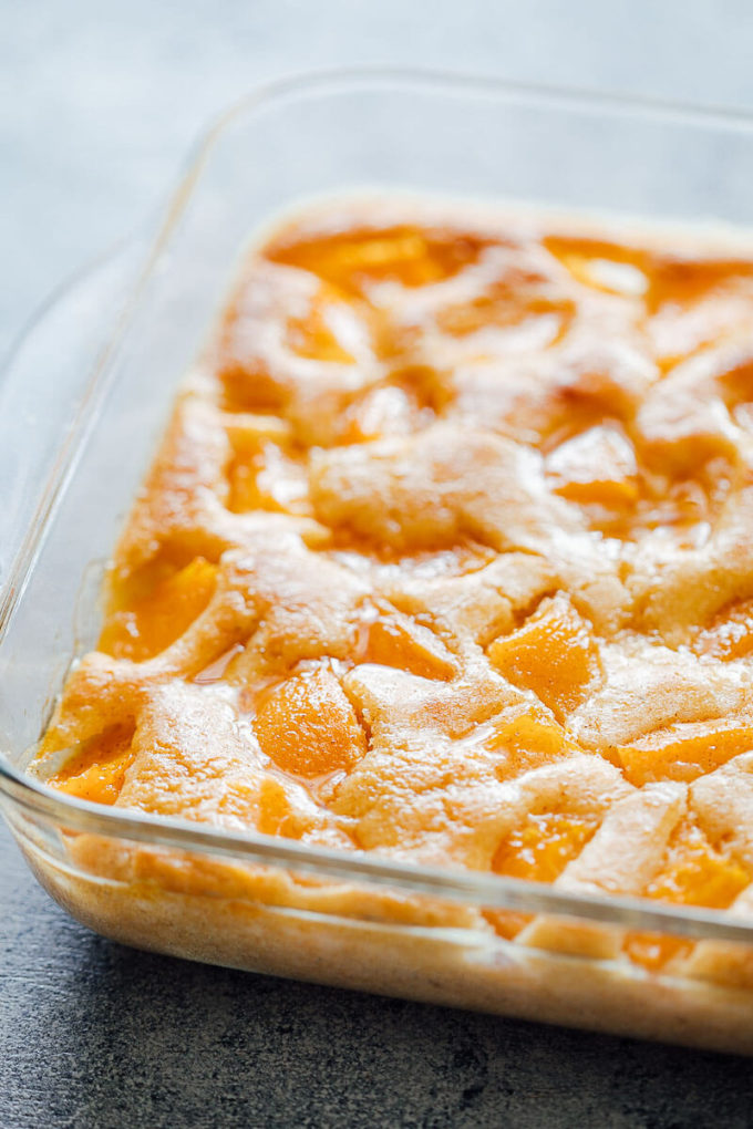 Deliciously simple peach cobbler made with pancake mix