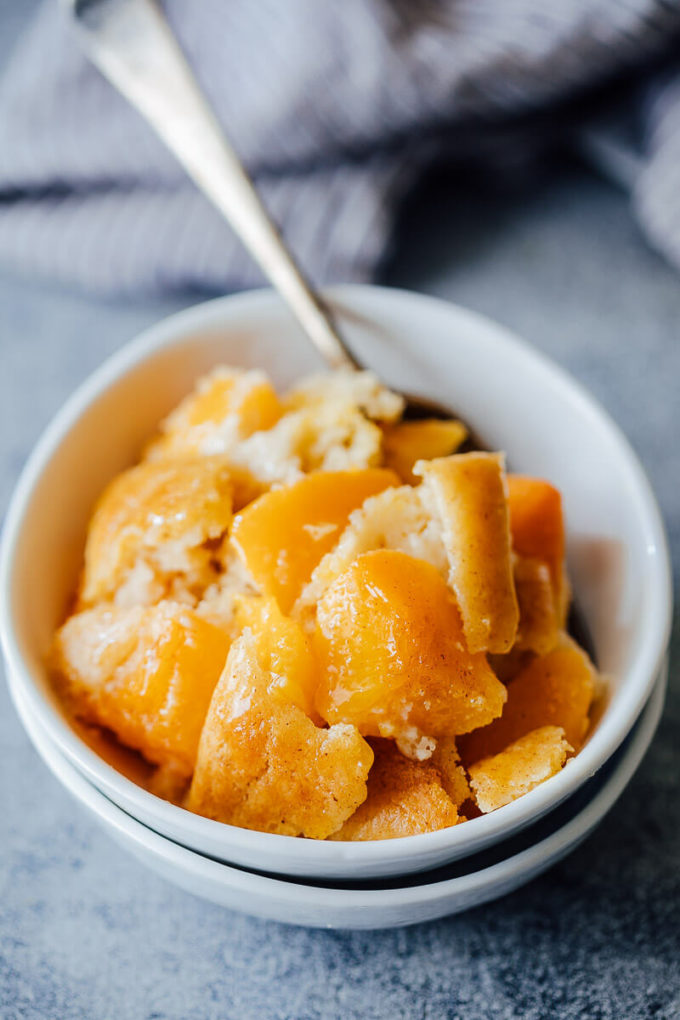 Peach cobbler, made easy using a pancake mix