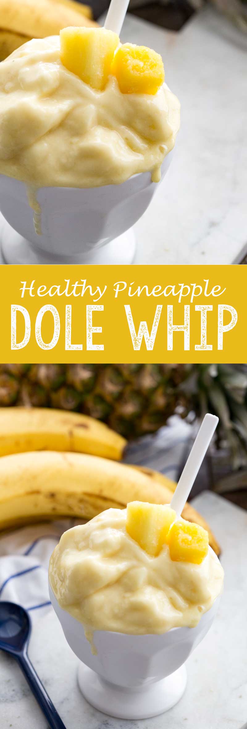 Healthy Pineapple Dole Whip made from all fruit, juice, and more! Added protein makes it a great healthy snack idea. 