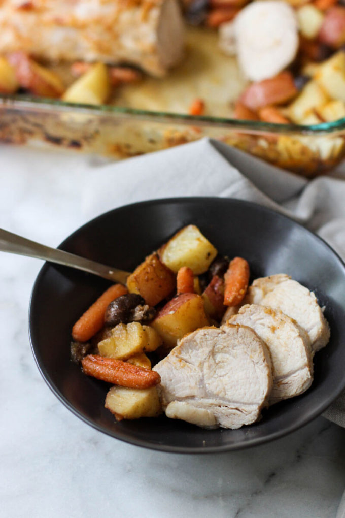 This Pork Loin with Apples, Potatoes, and Carrots can be made in one pan which makes for a quick and delicious weeknight meal!